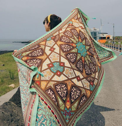 Green Rectangle National Style Vacation Printing Sunscreen Scarf Shawl Beach Towel