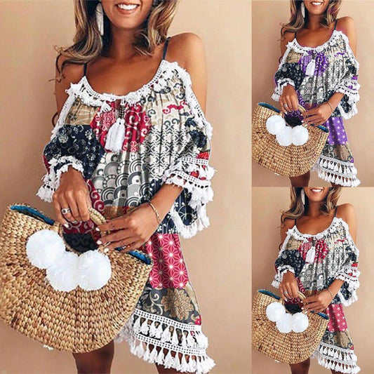 Elegant Dress Women Off Shoulder Dress Tassel Bohemia Printed Cocktail Party Beach Dresses