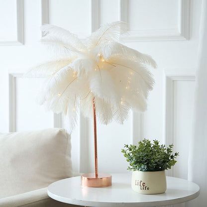 Remote Control Feather Table Lamp Usb/Aa Battery Power Diy Creative Warm Light Tree Feather Lampshade Wedding Home Bedroom Decor