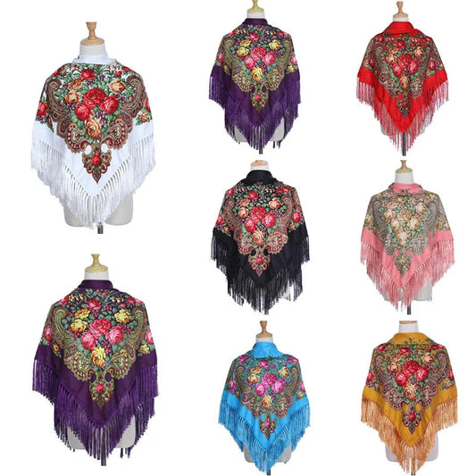 Retro Printed Scarf Winter Boho Shawl Autumn And Winter Warm Cotton Russian Women'S Shawl Ethnic Style Tassel Scarf Shawl 1Pc