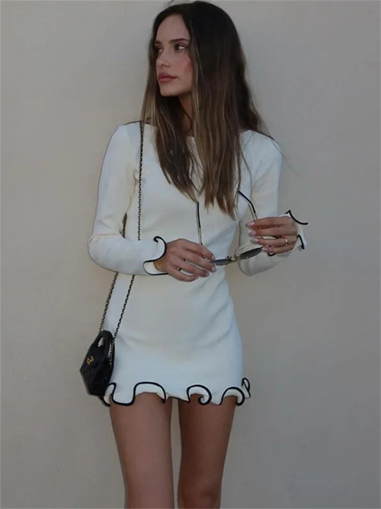Ruffled Autumn Fashion Mini Dress Women'S Slim Long Sleeve Patchwork Elegant 2024 Party Dress Casual Female Mini Dress New