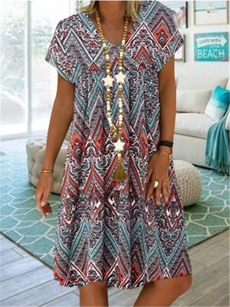 Summer Women Vintage V-Neck Short Sleeve Midi Dress