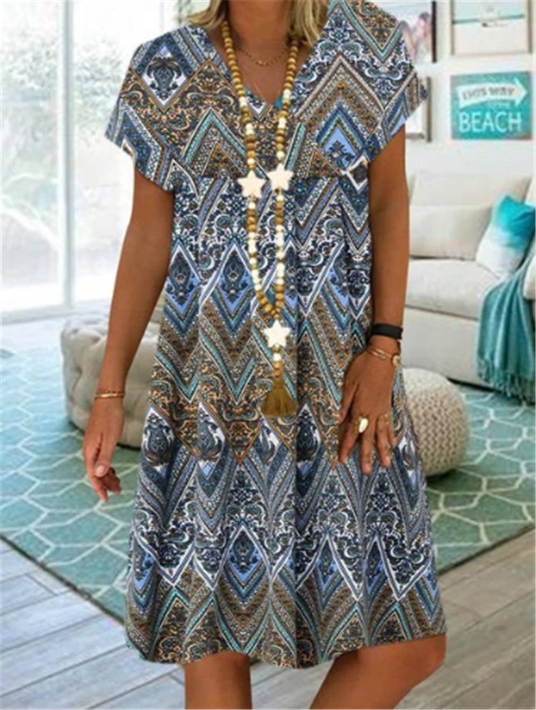 Summer Women Vintage V-Neck Short Sleeve Midi Dress