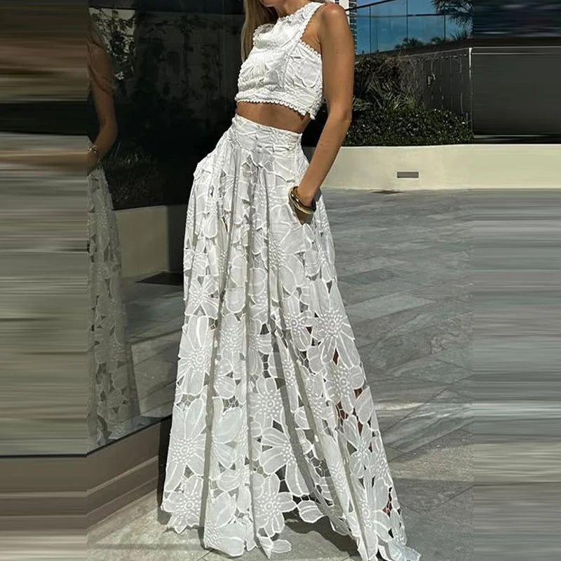 Spring Summer Holiday Boho Outfit Women Sexy O Neck Sleeveless Crop Top & Maxi Skirts Set 2025 Fashion Embroidery Lace 2Pcs Suit