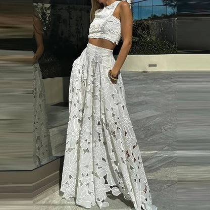 Spring Summer Holiday Boho Outfit Women Sexy O Neck Sleeveless Crop Top & Maxi Skirts Set 2025 Fashion Embroidery Lace 2Pcs Suit