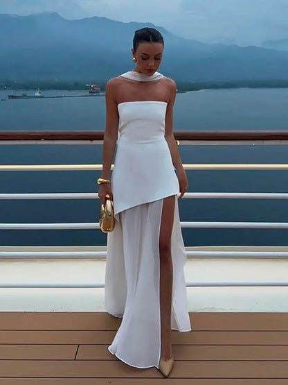 Elegant White Mesh Splicing Slim Women Strapless Dress Chic Scarf Neck Off Shoulder High Waist Long Dresses Lady Party Robes