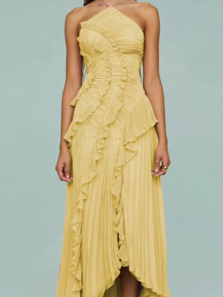 Chic Pleated Halter Neck Long Vacation Dress High Quality Purple Strapless Lotus Edge Maxi Dress 2025 New Lady Vacation Gowns
