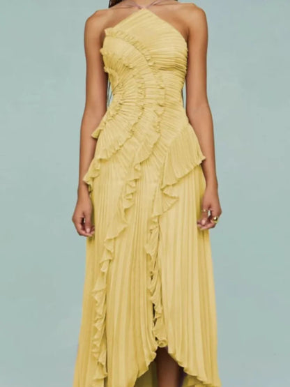Chic Pleated Halter Neck Long Vacation Dress High Quality Purple Strapless Lotus Edge Maxi Dress 2025 New Lady Vacation Gowns