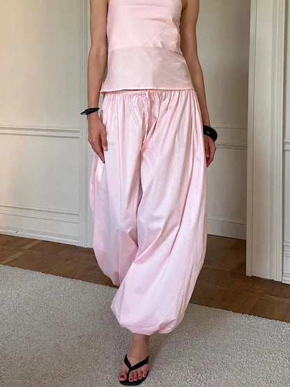 Tossy Summer Fashion Pocket Bloomers Female Trousers Pleated Loose High Waist Patchwork Bandage Streetwear Wide Leg Women Pants