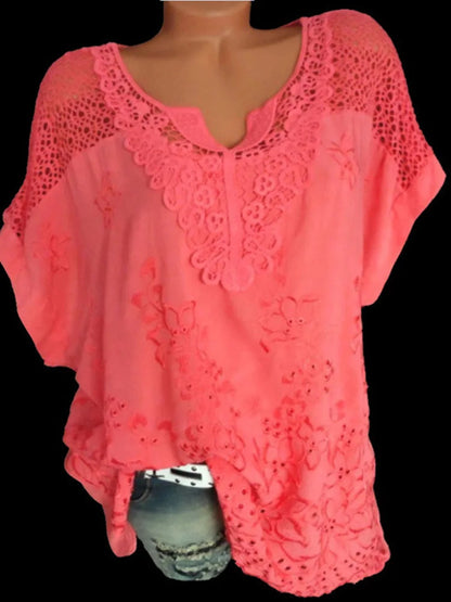 Large Size Loose Short-Sleeved Lace Women Blouses Cotton Blouses 2024 Summer V-Neck White Shirt Tops Sexy Fashion Women Shirt
