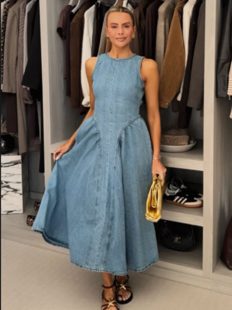Sexy Women Backless Lace Up High Waisted Denim Dress Fashion O Neck Sleeveless A Line Dresses Spring Chic Lady Street Robes