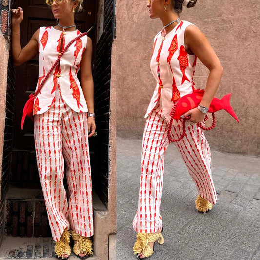 Summer Women Cartoon Red Fish Print O Neck Tank Top And Straight Female Long Pants Short Sleeve Shirt Wide Leg Pant 2 Piece Sets