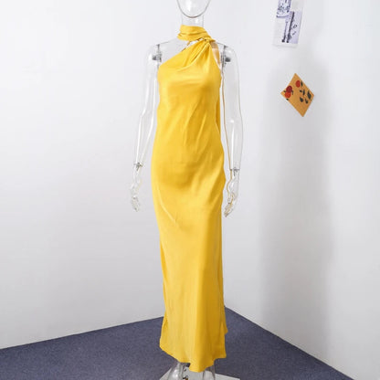 Elegant Satin Ribbons Halter Party Dress Women'S Sexy Backless Off Shoulder Sleeveless Robes 2025 Summer New Lady Evening Gowns