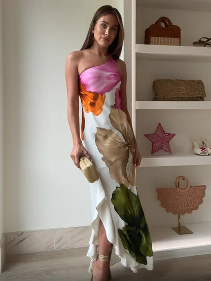 Fashion Printed Curling Edge Dresses Chic Irregular Neck Off Shoulder Open Fork Gown New Women Summer Cocktail Party Vestido