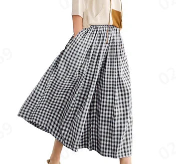 Summer New Culotte Pants High Waist Pleated Slanted Pocket A-Shaped Wide Leg Covering Span Checkered Printing Trousers