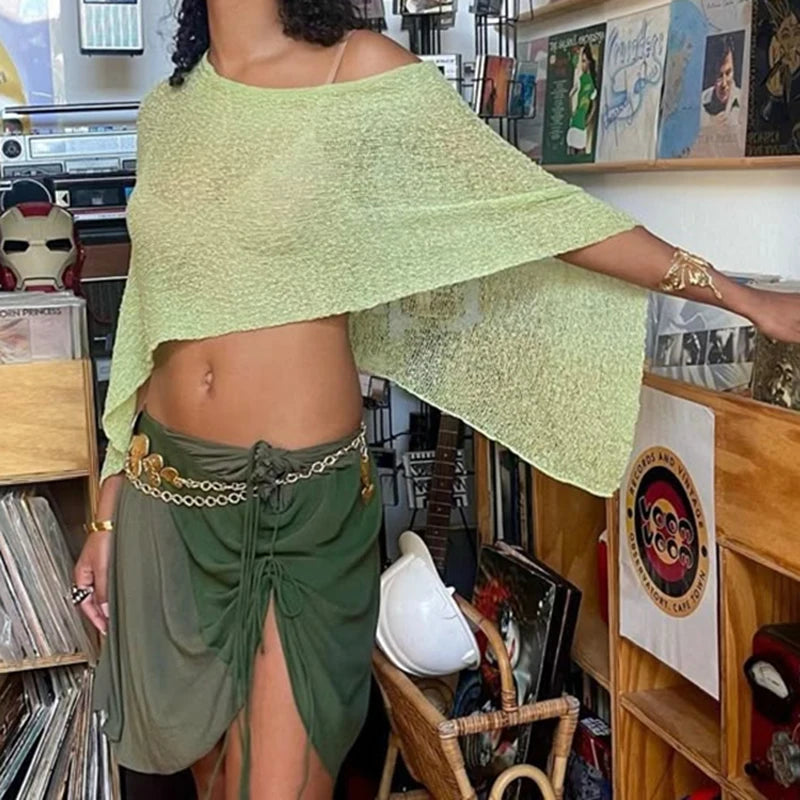 Summer Irregular Knitted Cover-Ups Crop Tops Y2K Aesthetic Vintage Smocked T-Shirt Boho Beach Vacation Going Out Pullovers Tees