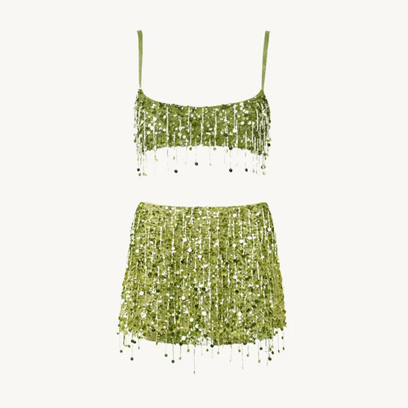 Sexy Sequin Tassels Beach Outfits Women Shiny Fashion Bikinis Sets Female 2025 Summer Holiday High Street Raves Sets 2 Pieces