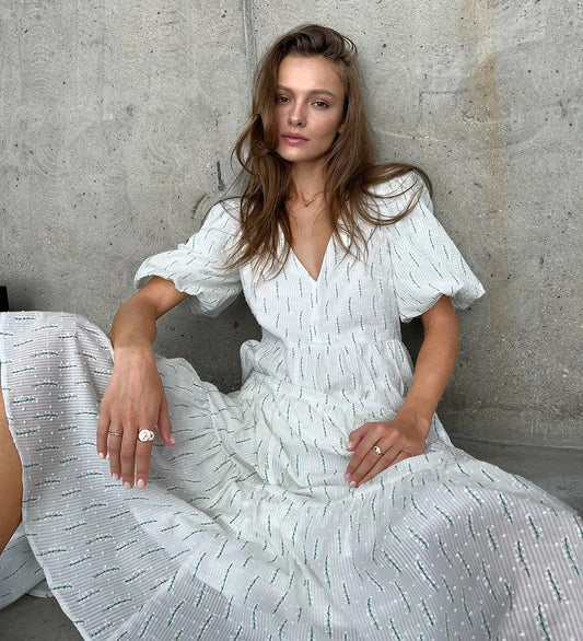 Vintage Women'S Cotton Dress 100% V Neck Elegant White Floral Print Dress Midi Long Puff Sleeve Casual Summer Dresses For Women