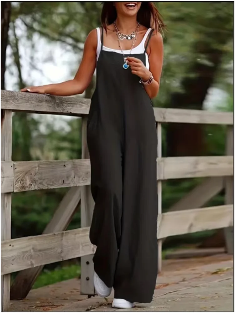 Women'S Sleeveless Jumpsuit With Suspender Loose Casual Pocket Monochromatic Summer