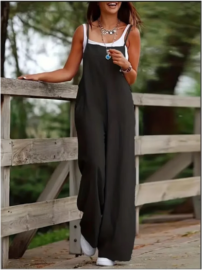 Women'S Sleeveless Jumpsuit With Suspender Loose Casual Pocket Monochromatic Summer