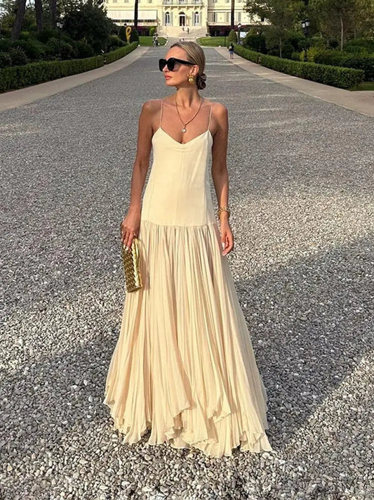 Fashion Solid Camisole Pleated Hem Women'S Dress Casual Sleeveless Backless A-Line Dresses 2024 Summer Lady Vacation Party Robe