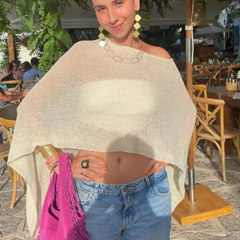 Summer Irregular Knitted Cover-Ups Crop Tops Y2K Aesthetic Vintage Smocked T-Shirt Boho Beach Vacation Going Out Pullovers Tees