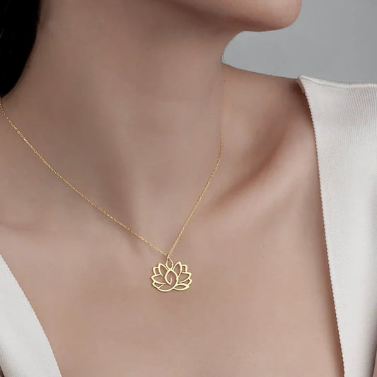 Stainless Steel Necklace Yoga Lotus Flower Necklaces Adjustable Chains Pendant Women Buddhist Religious Jewelry Party Gifts