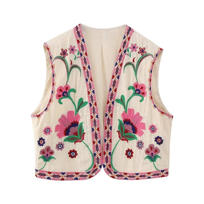 Women Vintage Floral Embroidered Open Waistcoat Ladies National Style Vest Jacket Outfits Casual Vacation Crop Top