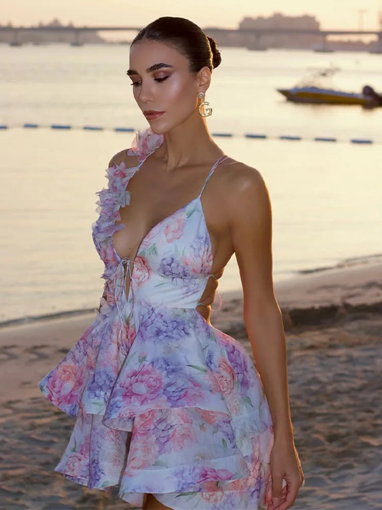 Flower Printed Short Puff Sleeve Mini Dress Women V Neck Beach Holiday Summer Short Vestido 2025 Seaside A-Line Sexy Casual Gown