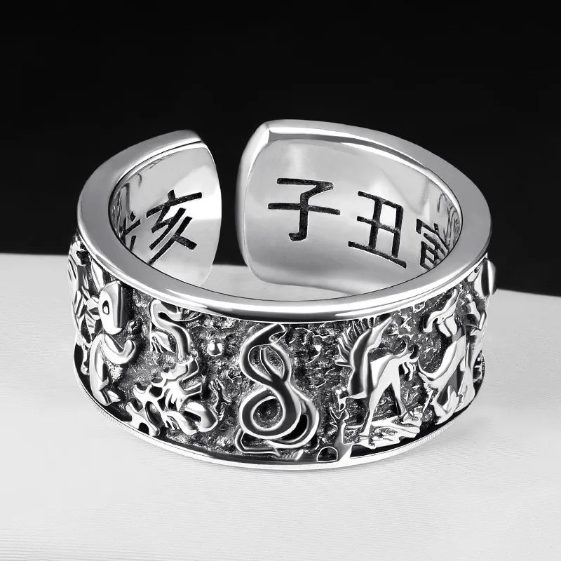 Retro Ancient Silver Plated Buddhist Six Character Daming Mantra Tibetan Resizable Ring For Men Feng Shui Amulet Protection Ring