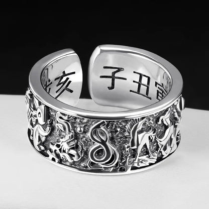 Retro Ancient Silver Plated Buddhist Six Character Daming Mantra Tibetan Resizable Ring For Men Feng Shui Amulet Protection Ring