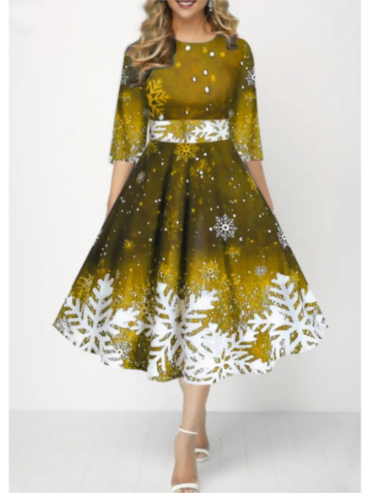 Autumn Winter New Snowflake Digital Print Women'S 3/4Sleeves Christmas Dress Fashion Waist Elegant Female A Line Christmas Dress