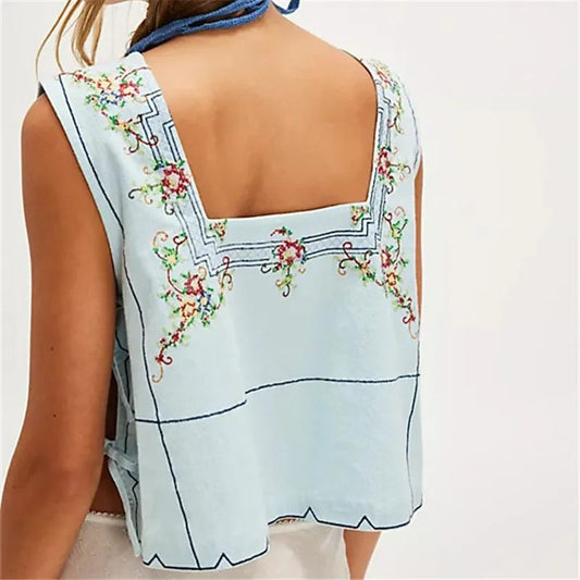 Embroidery Flower Tank Tops For Women Y2K Sleeveless Square Neck Button Front Free Tie Up Cropped Vest Summer Chic Streetwear