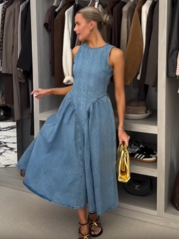Sexy Women Backless Lace Up High Waisted Denim Dress Fashion O Neck Sleeveless A Line Dresses Spring Chic Lady Street Robes