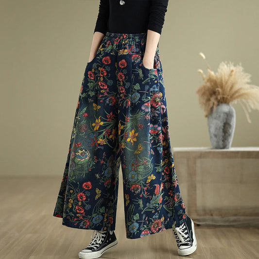 Plus Size Denim Wide Leg Pants Women'S Autumn Winter New Print Elastic Loose Slimming Casual Straight Cut Commute Sle High ...