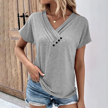 Fashion Women T Shirt Solid Color V Neck Short Sleeve Basic Tops Tee Streetwear Summer Oversized Clothing Female T-Shirts