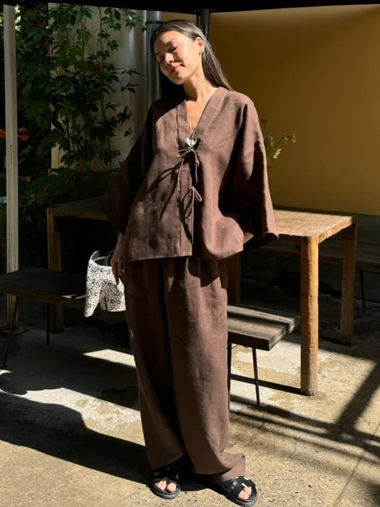 Summer Brown Cotton Linen Loose Pants Sets Fashion V-Neck Lace Up Long Sleeve Shirt Suit 2025 New Women'S Casual 2 Piece Outfits