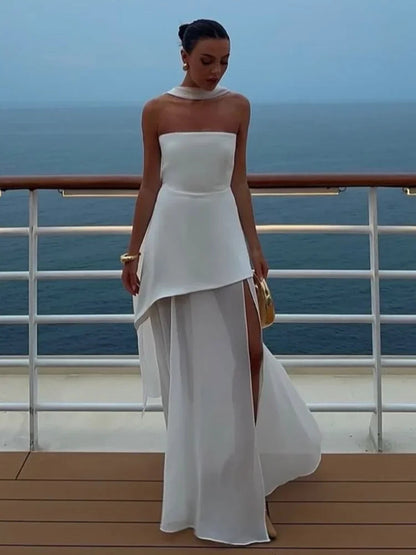 Elegant White Mesh Splicing Slim Women Strapless Dress Chic Scarf Neck Off Shoulder High Waist Long Dresses Lady Party Robes