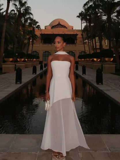 Elegant White Mesh Splicing Slim Women Strapless Dress Chic Scarf Neck Off Shoulder High Waist Long Dresses Lady Party Robes