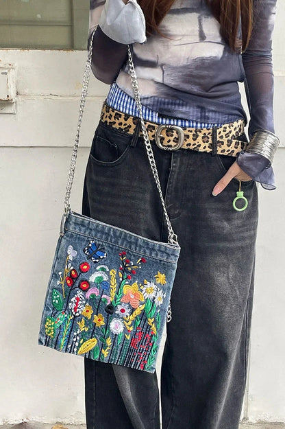 Embroidered Flowers Women Cowboy Shoulder Bag Fashion Chain Ladies Messenger Bags Denim Handbag Personality Trend Student Bag