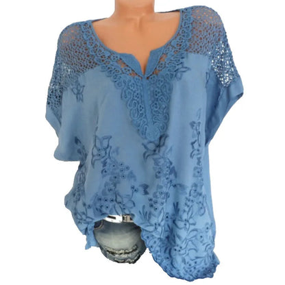 Large Size Loose Short-Sleeved Lace Women Blouses Cotton Blouses 2024 Summer V-Neck White Shirt Tops Sexy Fashion Women Shirt