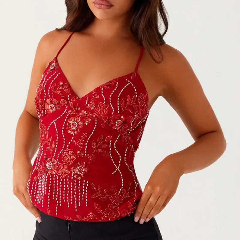 Shiny Sequins V Neck Cropped Vest Women Sexy Lace Up Backless Summer Holiday Halter Tops 2025 Chic Lady Sparkle Sling T-Shirt