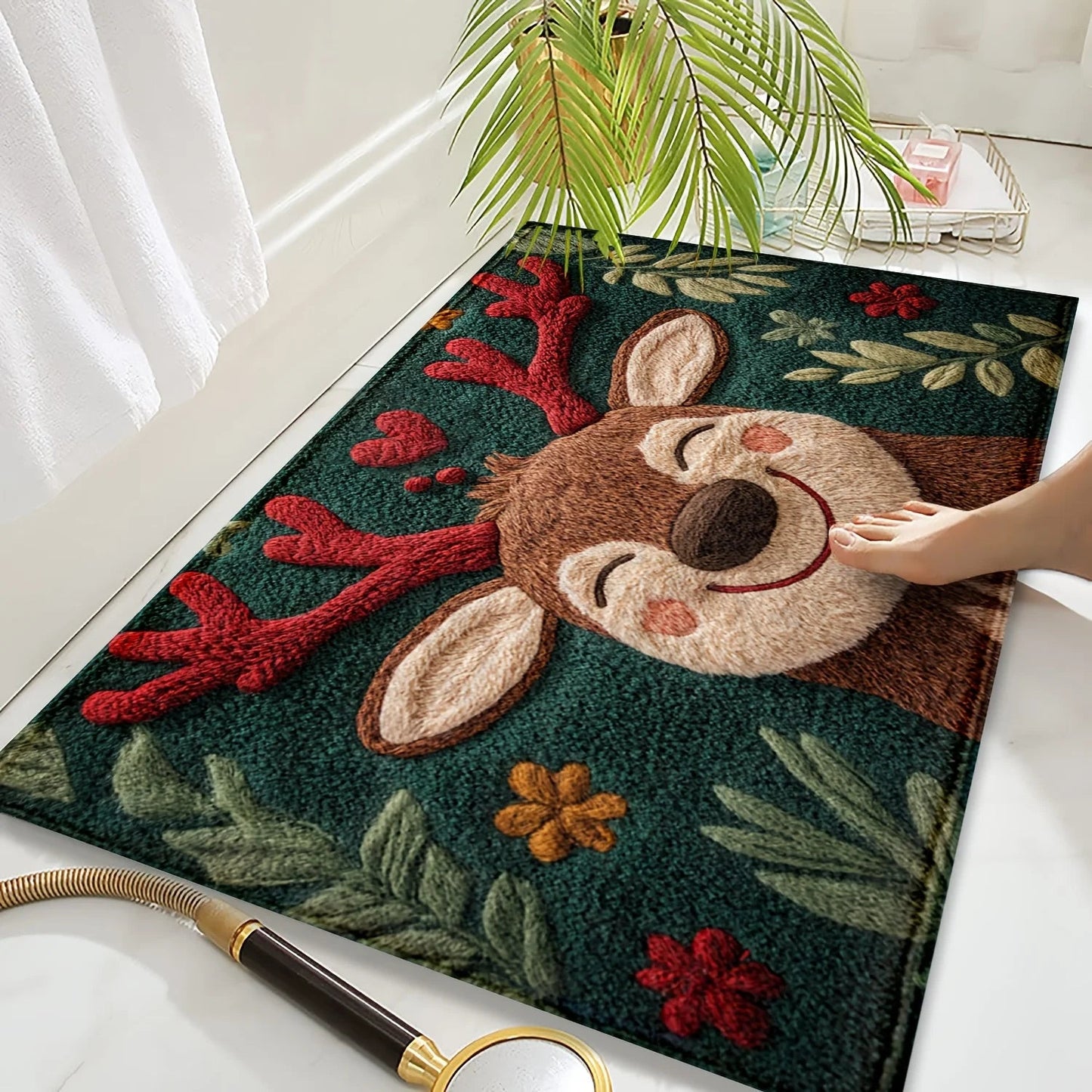 1Pc Fluffy Christmas Deer Microfiber Bath Mat - Quick-Dry & Absorbent, Festive Holiday Design With Red Berries & Green Leaves
