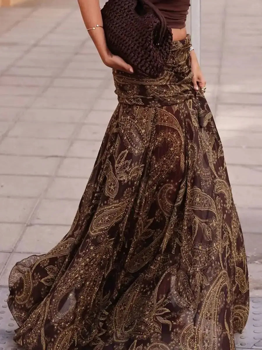 Irregular Printed Big Swing Long Skirts For Women High Waist Buttock Cover A-Line Maxi Skirt Female Vintage Bottom Clothes