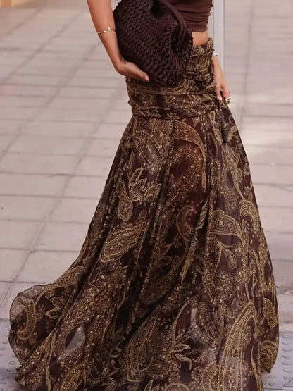 Irregular Printed Big Swing Long Skirts For Women High Waist Buttock Cover A-Line Maxi Skirt Female Vintage Bottom Clothes