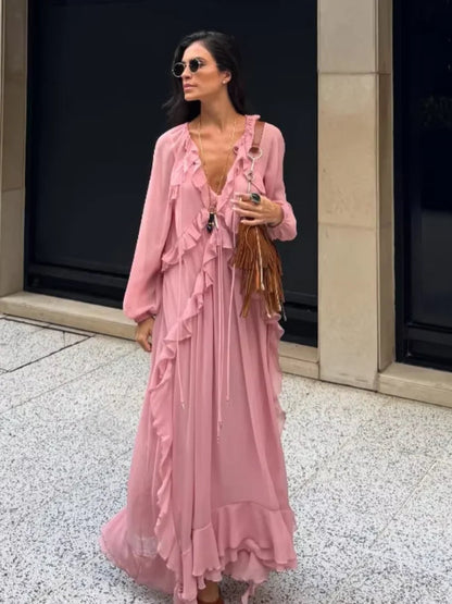 Elegant Solid Multiple Flounces Lace Up Dresses Chic Loose V Neck Full Sleeve Robes New Lady Summer Commute Vacation Gown 2025