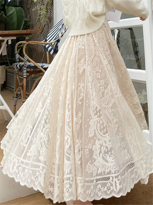 Vintage Women'S Lace Crochet Umbrella Long Skirts Bohemian High Waist Hollow Out Female Maxi Skirts Spring Summer