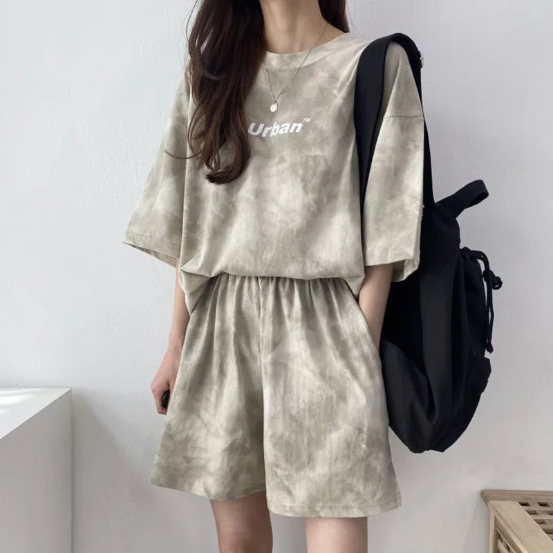 Women T-Shirt Shorts Suit Set Casual Tie Dye Loose Tshirt And Wide Leg Middle Shorts With Pockets Female Soft Summer Shorts Sets