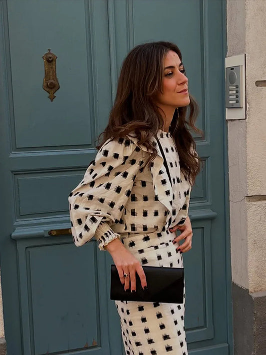 Fashion Print Patchwork Lantern Sleeve Shirt Skirt Set Women Casual Loose High Waist A-Line Skirts 2025 New Vocation Streetwear