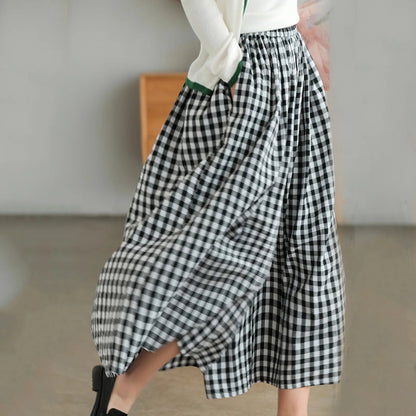 Summer New Culotte Pants High Waist Pleated Slanted Pocket A-Shaped Wide Leg Covering Span Checkered Printing Trousers